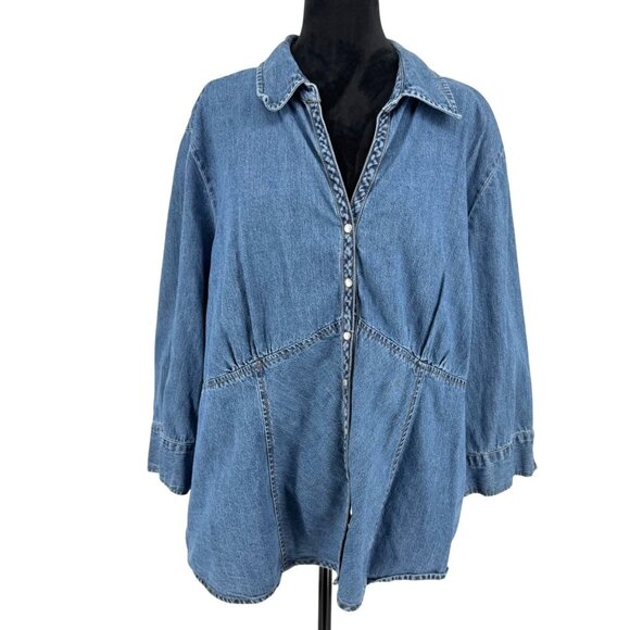 Faded Glory Womens‎ Denim Pearl Snap Button Up Shirt Size 3x Vintage Loose Fit - Picture 1 of 7